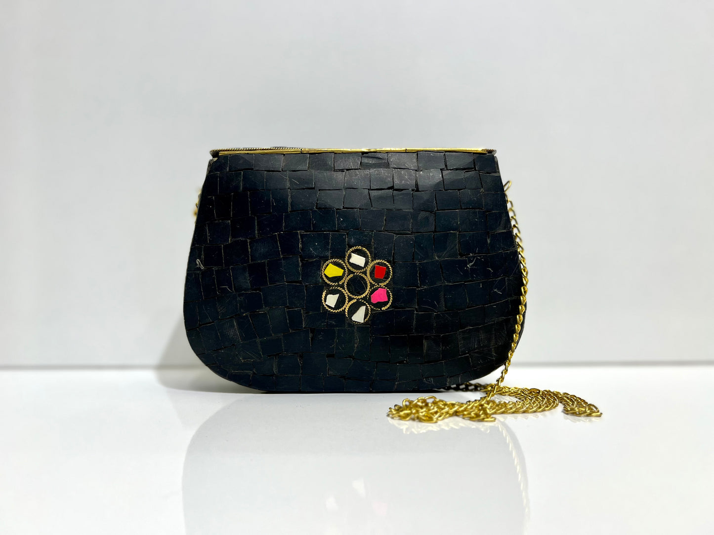 Metallic Crafted Purse | Black, Silver, And Gold Contrast Design | Clutches/Sling